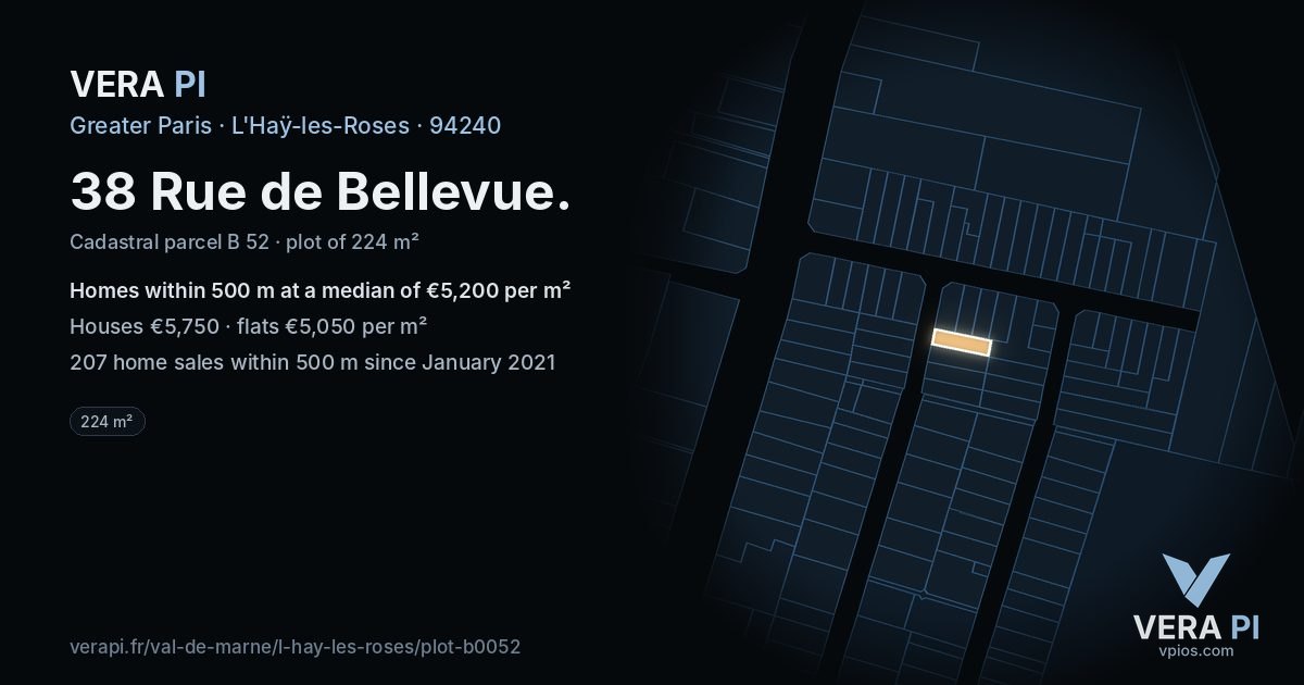 38 Rue de Bellevue, L'Haÿ-les-Roses at night – the plot lit, the parcels around coloured by the prices near them