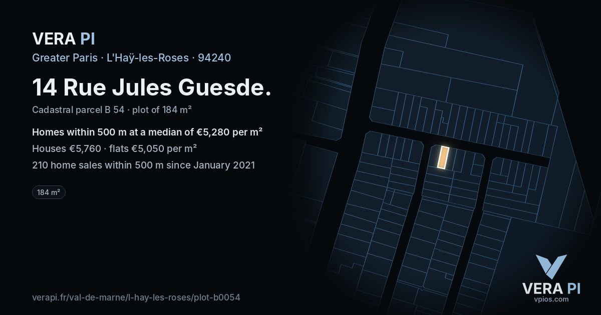 14 Rue Jules Guesde, L'Haÿ-les-Roses at night – the plot lit, the parcels around coloured by the prices near them