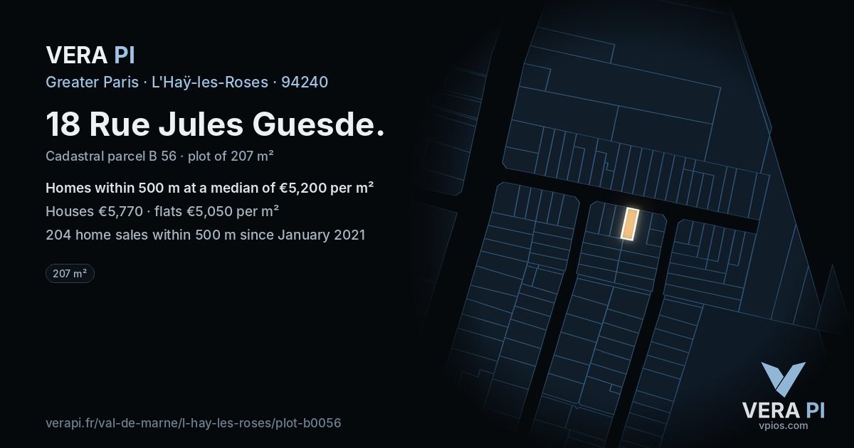 18 Rue Jules Guesde, L'Haÿ-les-Roses at night – the plot lit, the parcels around coloured by the prices near them