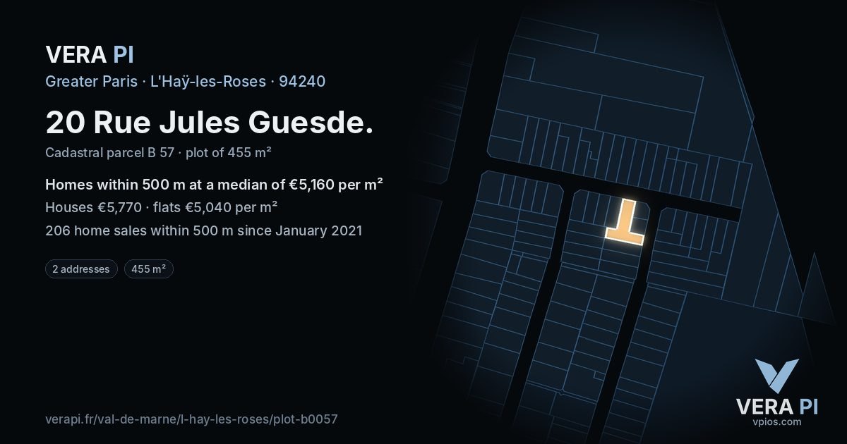 20 Rue Jules Guesde, L'Haÿ-les-Roses at night – the plot lit, the parcels around coloured by the prices near them