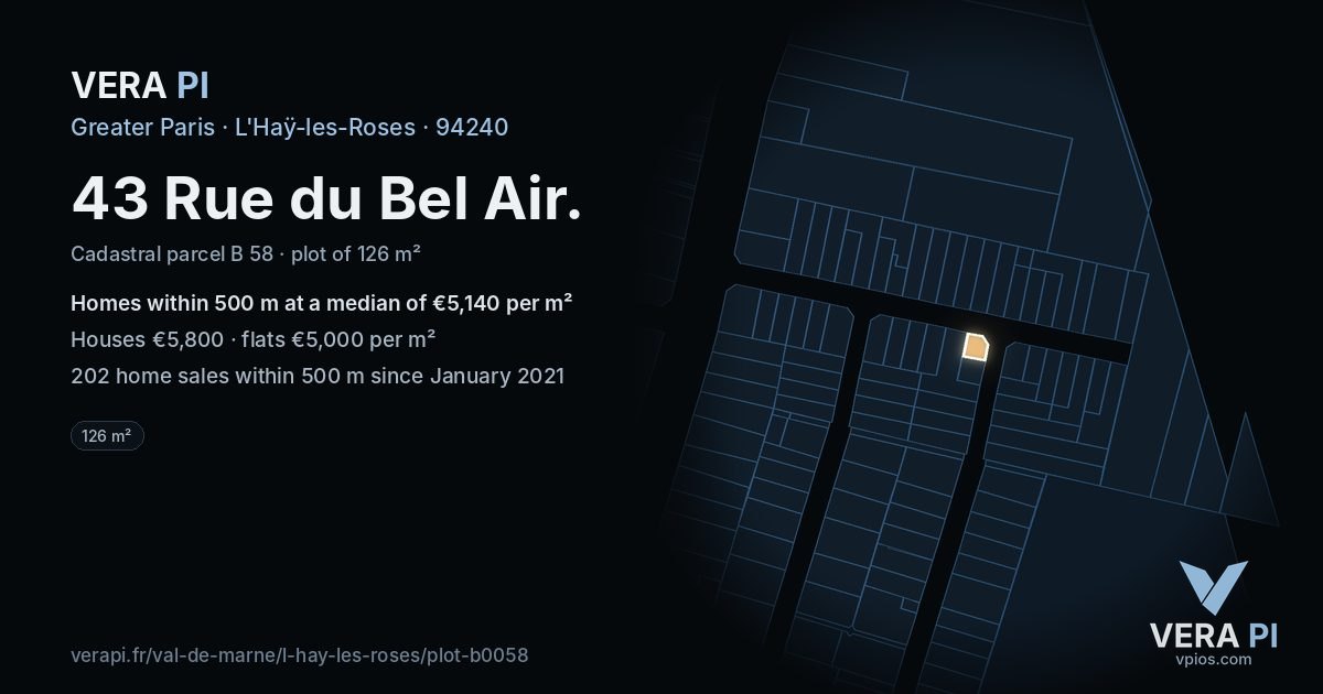 43 Rue du Bel Air, L'Haÿ-les-Roses at night – the plot lit, the parcels around coloured by the prices near them
