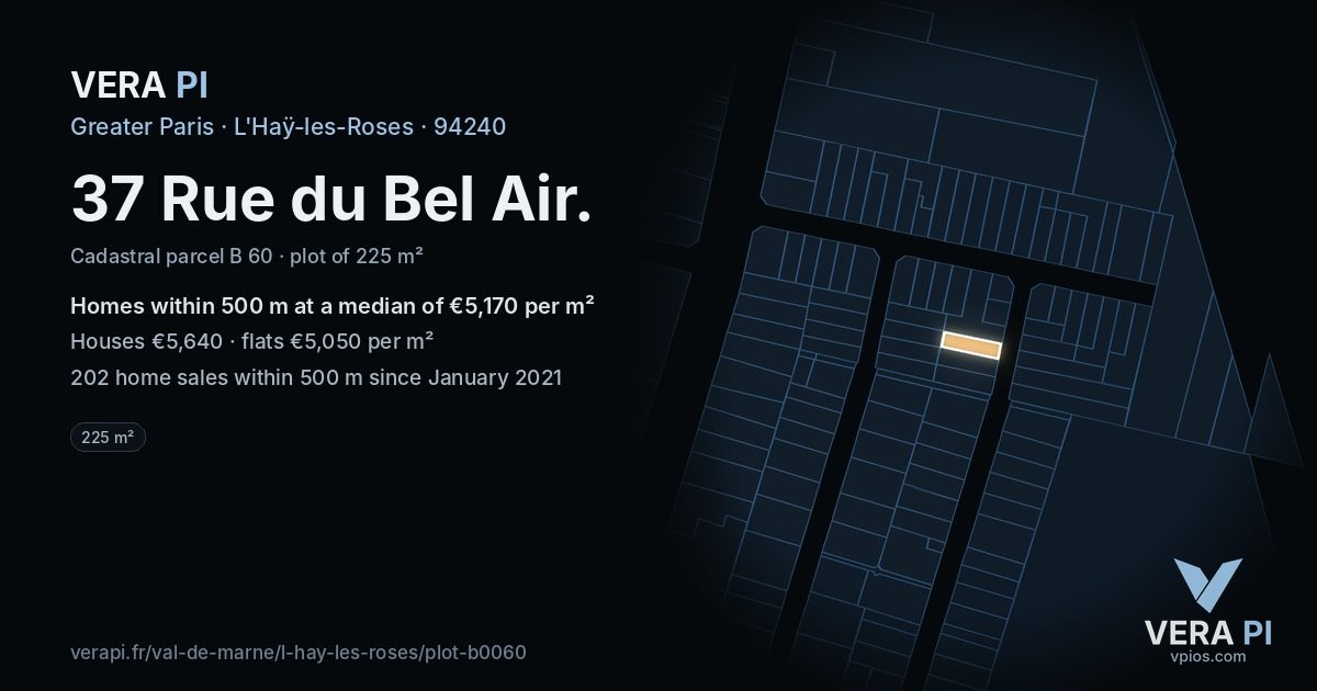 37 Rue du Bel Air, L'Haÿ-les-Roses at night – the plot lit, the parcels around coloured by the prices near them