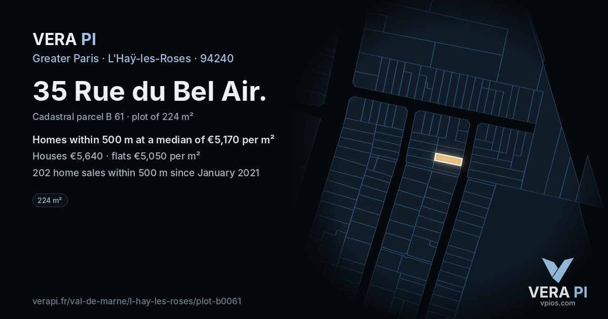 35 Rue du Bel Air, L'Haÿ-les-Roses at night – the plot lit, the parcels around coloured by the prices near them