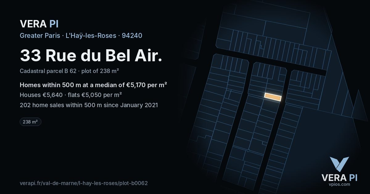 33 Rue du Bel Air, L'Haÿ-les-Roses at night – the plot lit, the parcels around coloured by the prices near them