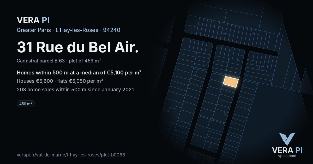 31 Rue du Bel Air, L'Haÿ-les-Roses at night – the plot lit, the parcels around coloured by the prices near them
