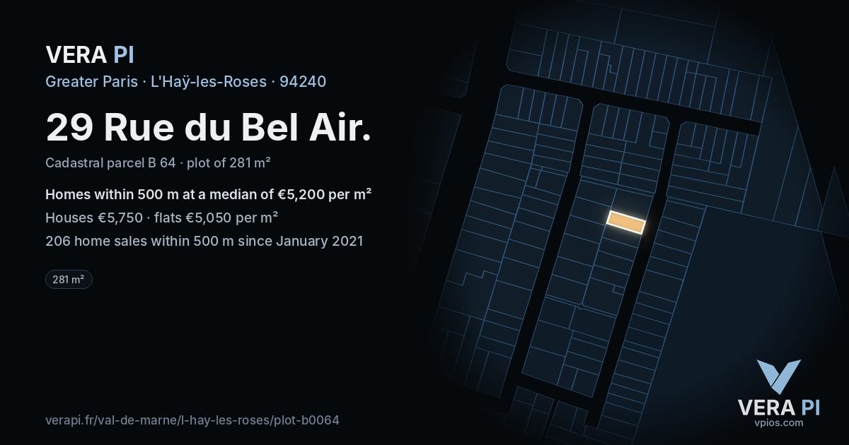 29 Rue du Bel Air, L'Haÿ-les-Roses at night – the plot lit, the parcels around coloured by the prices near them