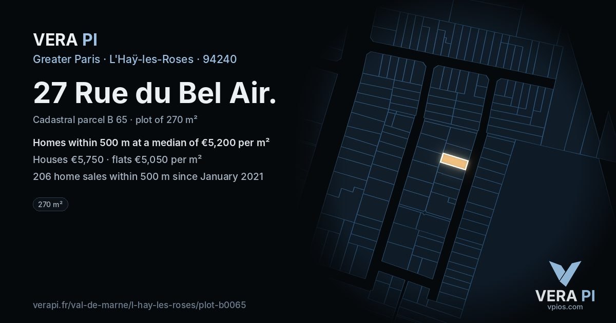 27 Rue du Bel Air, L'Haÿ-les-Roses at night – the plot lit, the parcels around coloured by the prices near them