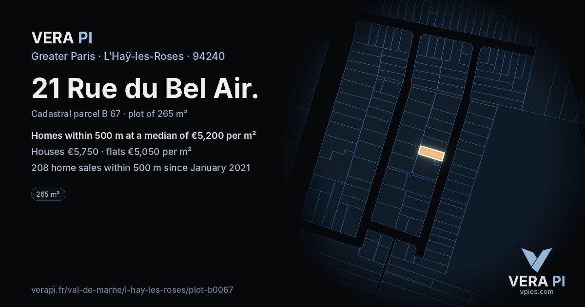 21 Rue du Bel Air, L'Haÿ-les-Roses at night – the plot lit, the parcels around coloured by the prices near them
