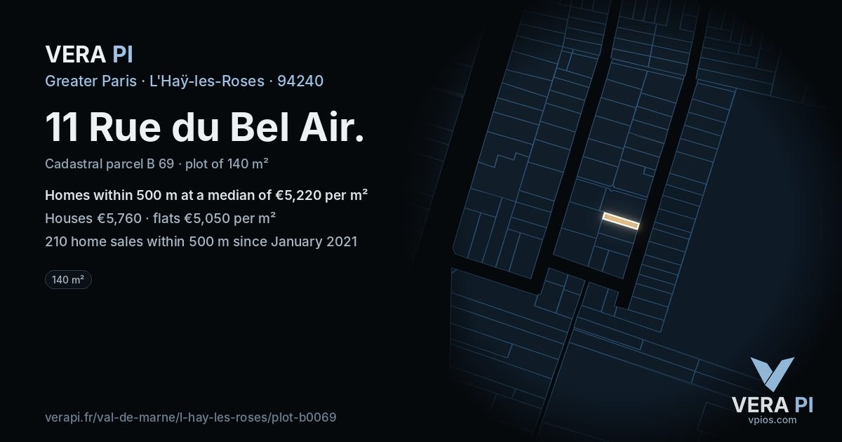 11 Rue du Bel Air, L'Haÿ-les-Roses at night – the plot lit, the parcels around coloured by the prices near them