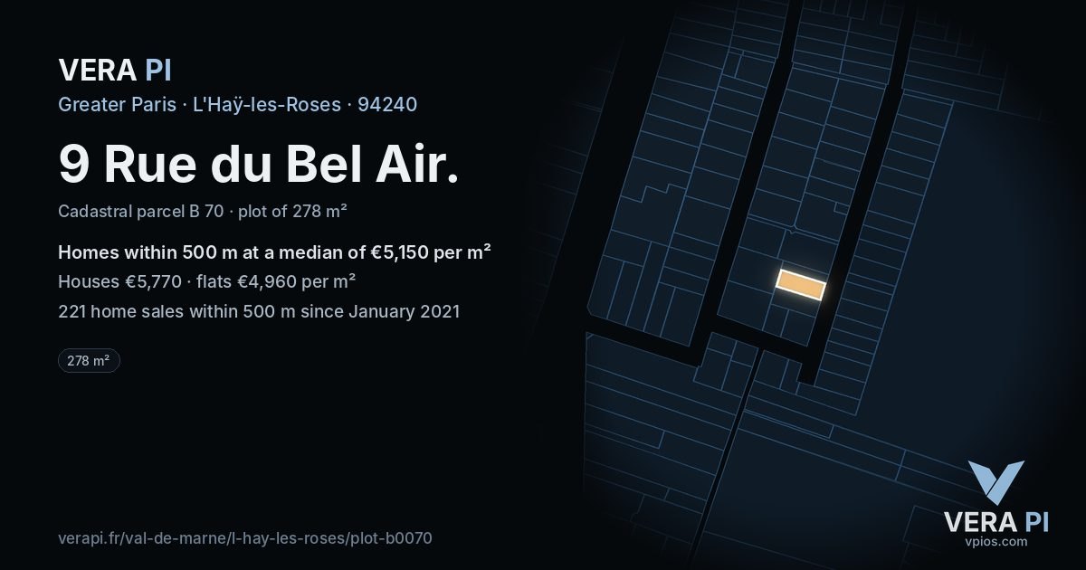 9 Rue du Bel Air, L'Haÿ-les-Roses at night – the plot lit, the parcels around coloured by the prices near them