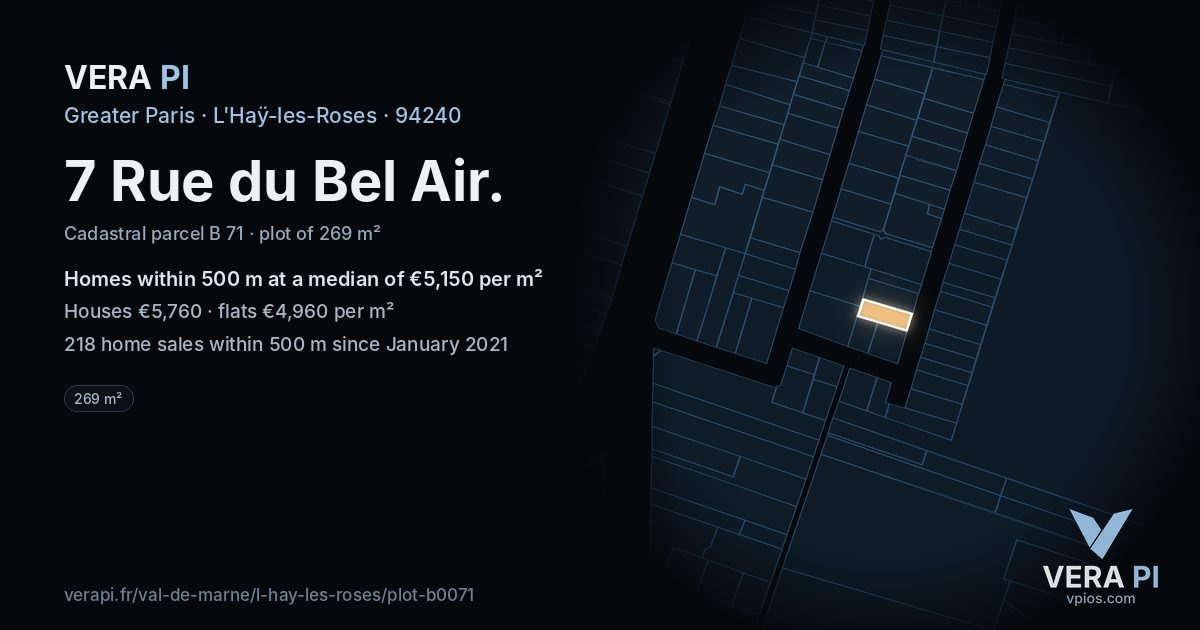 7 Rue du Bel Air, L'Haÿ-les-Roses at night – the plot lit, the parcels around coloured by the prices near them