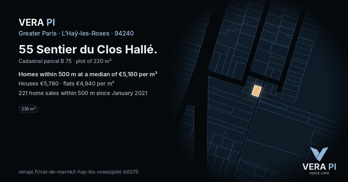 55 Sentier du Clos Hallé, L'Haÿ-les-Roses at night – the plot lit, the parcels around coloured by the prices near them
