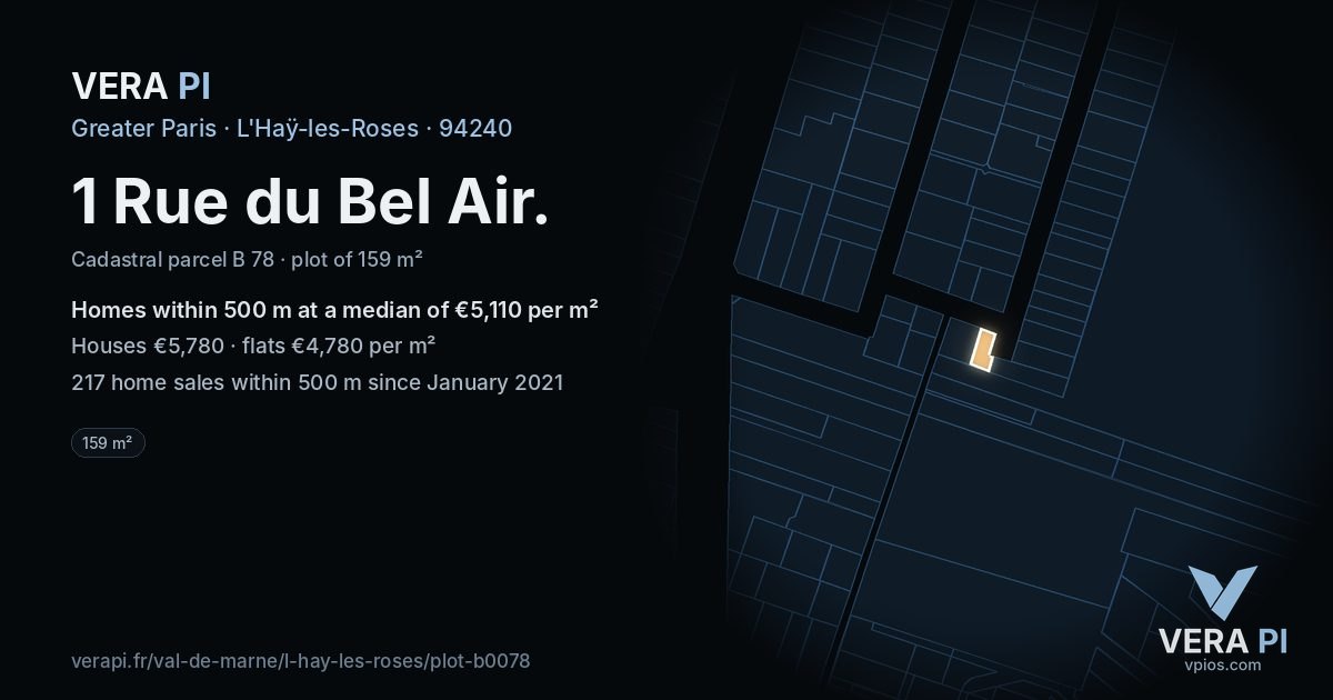 1 Rue du Bel Air, L'Haÿ-les-Roses at night – the plot lit, the parcels around coloured by the prices near them