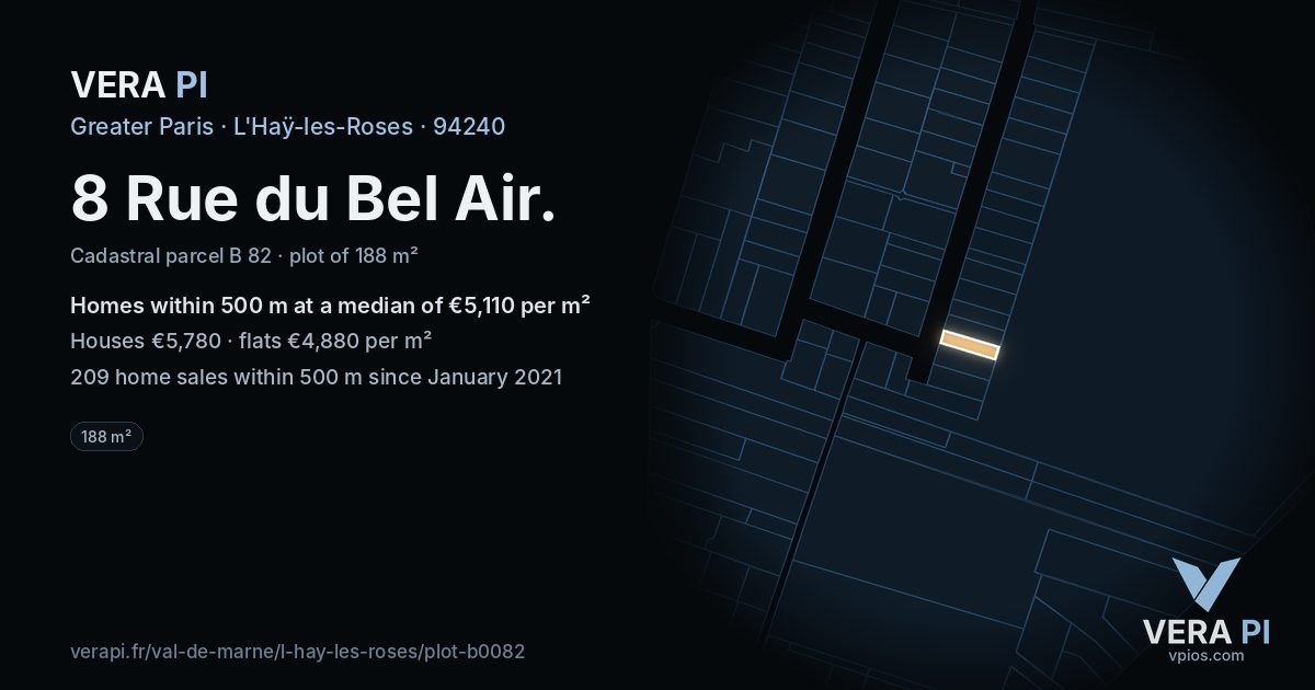 8 Rue du Bel Air, L'Haÿ-les-Roses at night – the plot lit, the parcels around coloured by the prices near them