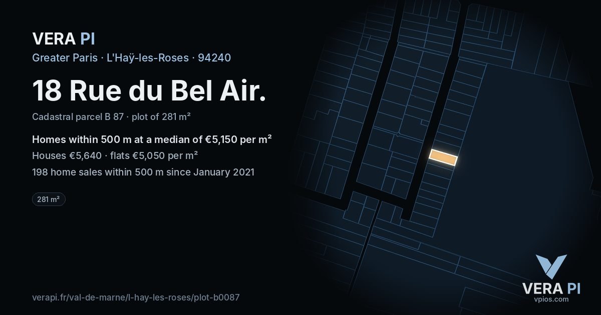 18 Rue du Bel Air, L'Haÿ-les-Roses at night – the plot lit, the parcels around coloured by the prices near them