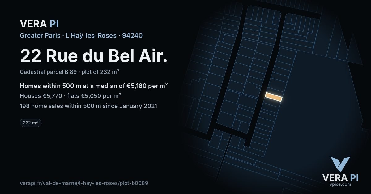 22 Rue du Bel Air, L'Haÿ-les-Roses at night – the plot lit, the parcels around coloured by the prices near them