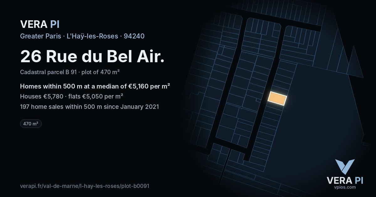 26 Rue du Bel Air, L'Haÿ-les-Roses at night – the plot lit, the parcels around coloured by the prices near them