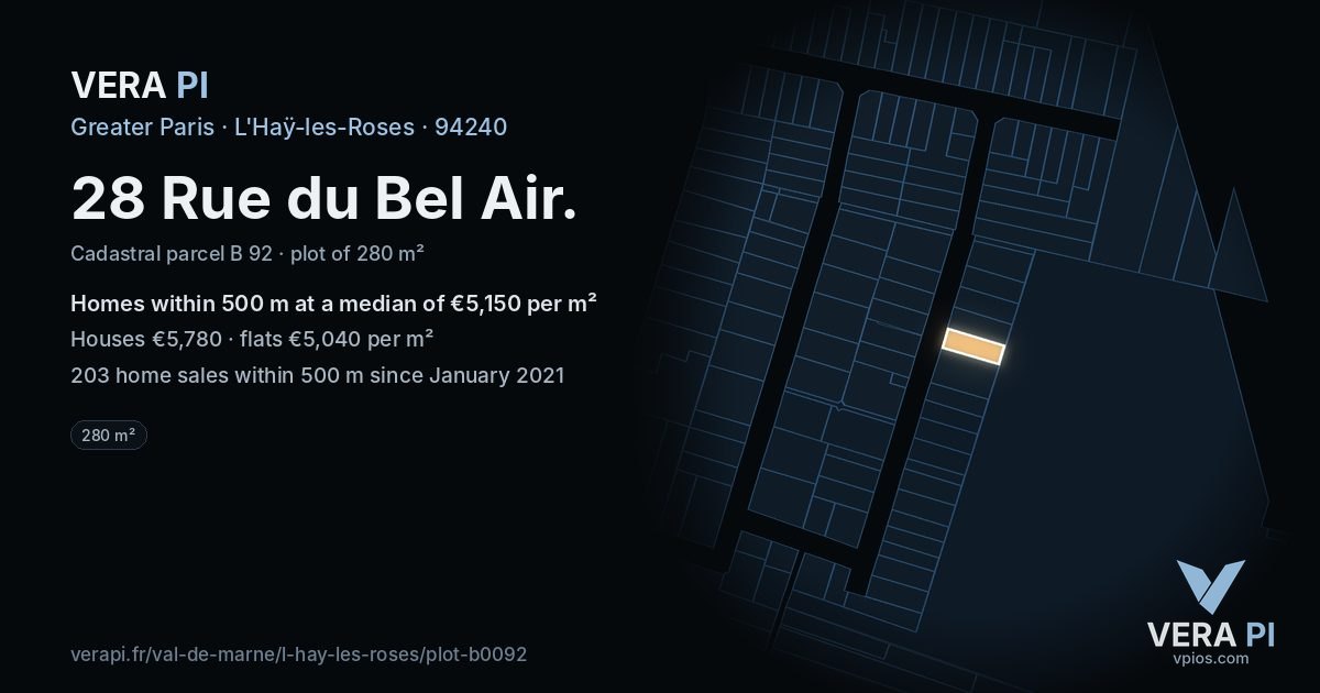 28 Rue du Bel Air, L'Haÿ-les-Roses at night – the plot lit, the parcels around coloured by the prices near them