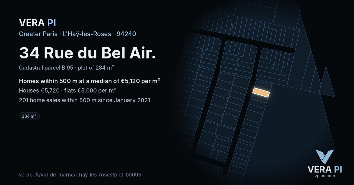 34 Rue du Bel Air, L'Haÿ-les-Roses at night – the plot lit, the parcels around coloured by the prices near them