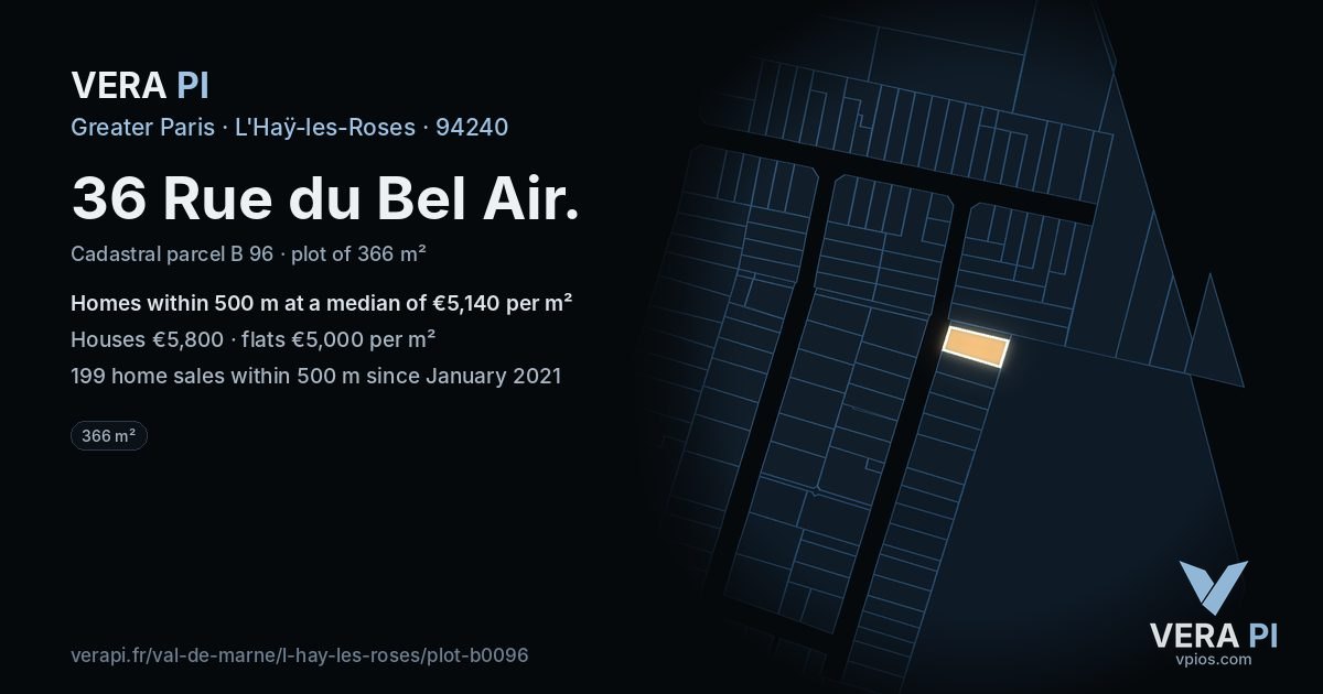 36 Rue du Bel Air, L'Haÿ-les-Roses at night – the plot lit, the parcels around coloured by the prices near them