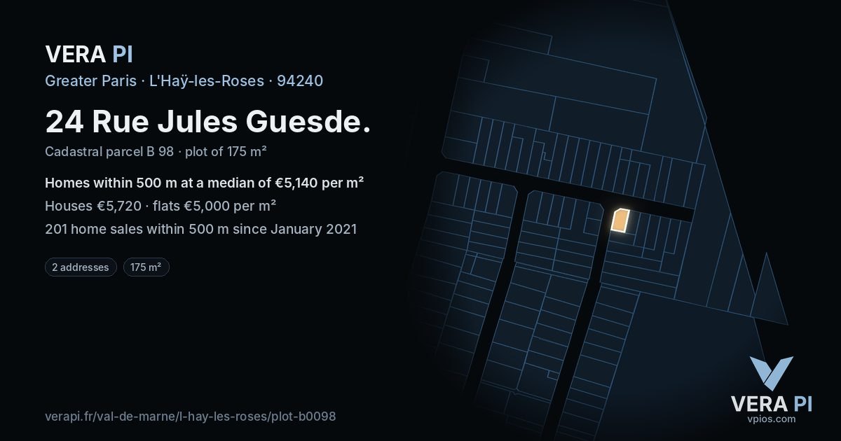 24 Rue Jules Guesde, L'Haÿ-les-Roses at night – the plot lit, the parcels around coloured by the prices near them