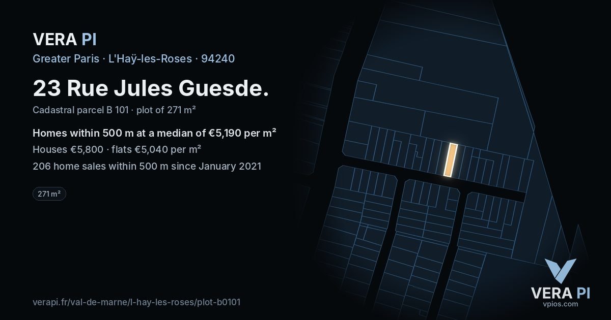 23 Rue Jules Guesde, L'Haÿ-les-Roses at night – the plot lit, the parcels around coloured by the prices near them