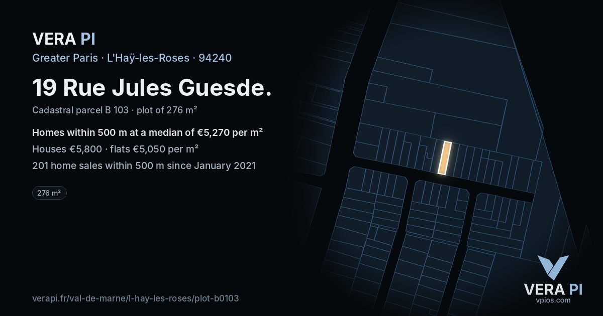 19 Rue Jules Guesde, L'Haÿ-les-Roses at night – the plot lit, the parcels around coloured by the prices near them