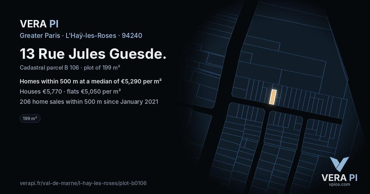 13 Rue Jules Guesde, L'Haÿ-les-Roses at night – the plot lit, the parcels around coloured by the prices near them
