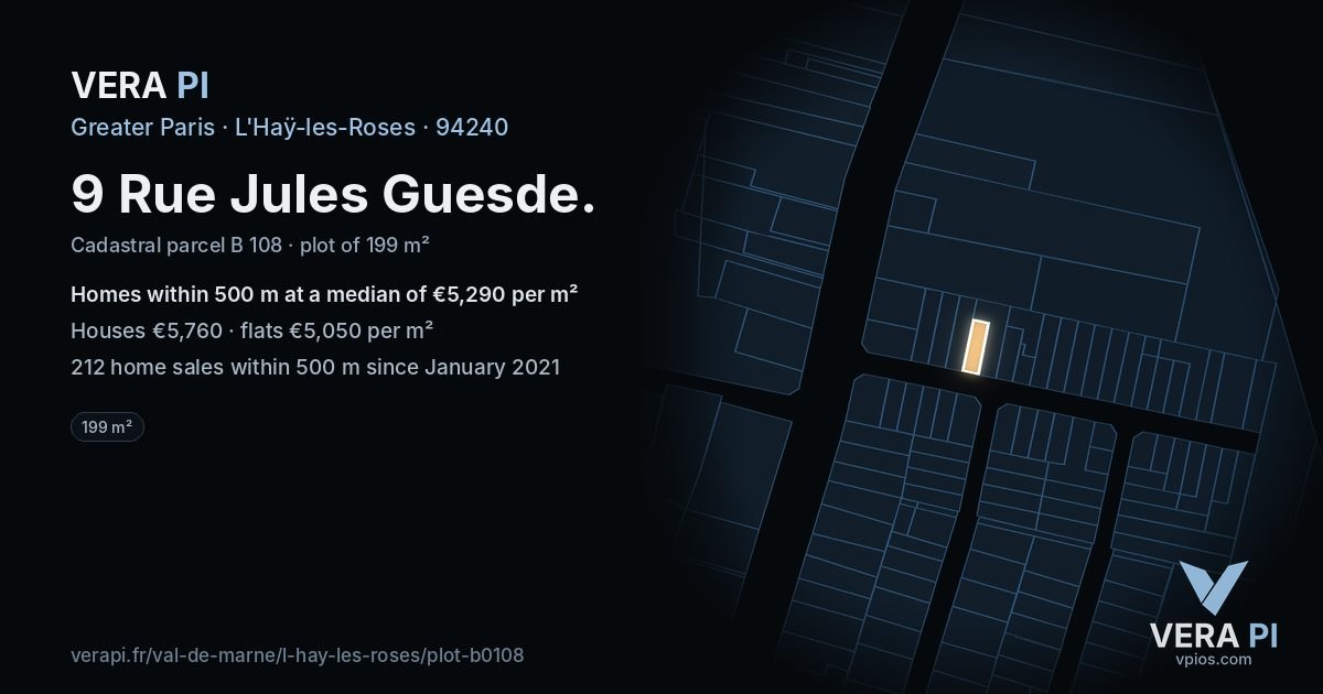 9 Rue Jules Guesde, L'Haÿ-les-Roses at night – the plot lit, the parcels around coloured by the prices near them