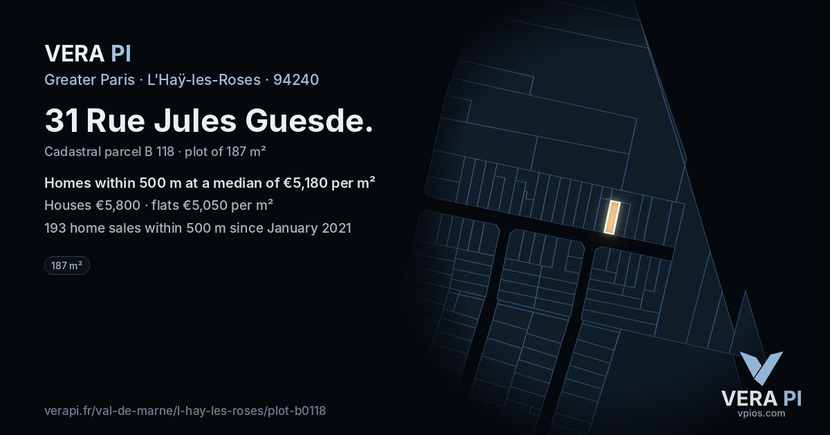 31 Rue Jules Guesde, L'Haÿ-les-Roses at night – the plot lit, the parcels around coloured by the prices near them
