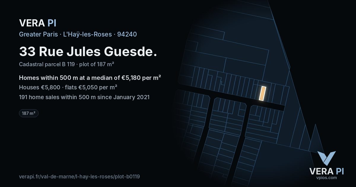 33 Rue Jules Guesde, L'Haÿ-les-Roses at night – the plot lit, the parcels around coloured by the prices near them