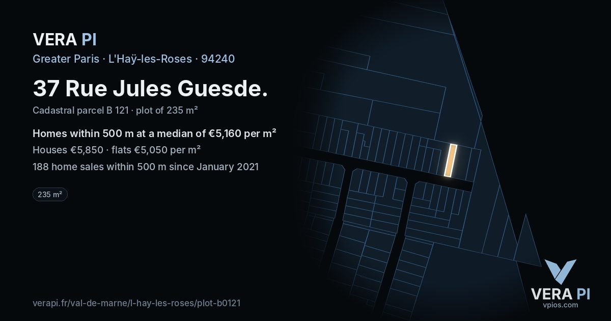 37 Rue Jules Guesde, L'Haÿ-les-Roses at night – the plot lit, the parcels around coloured by the prices near them