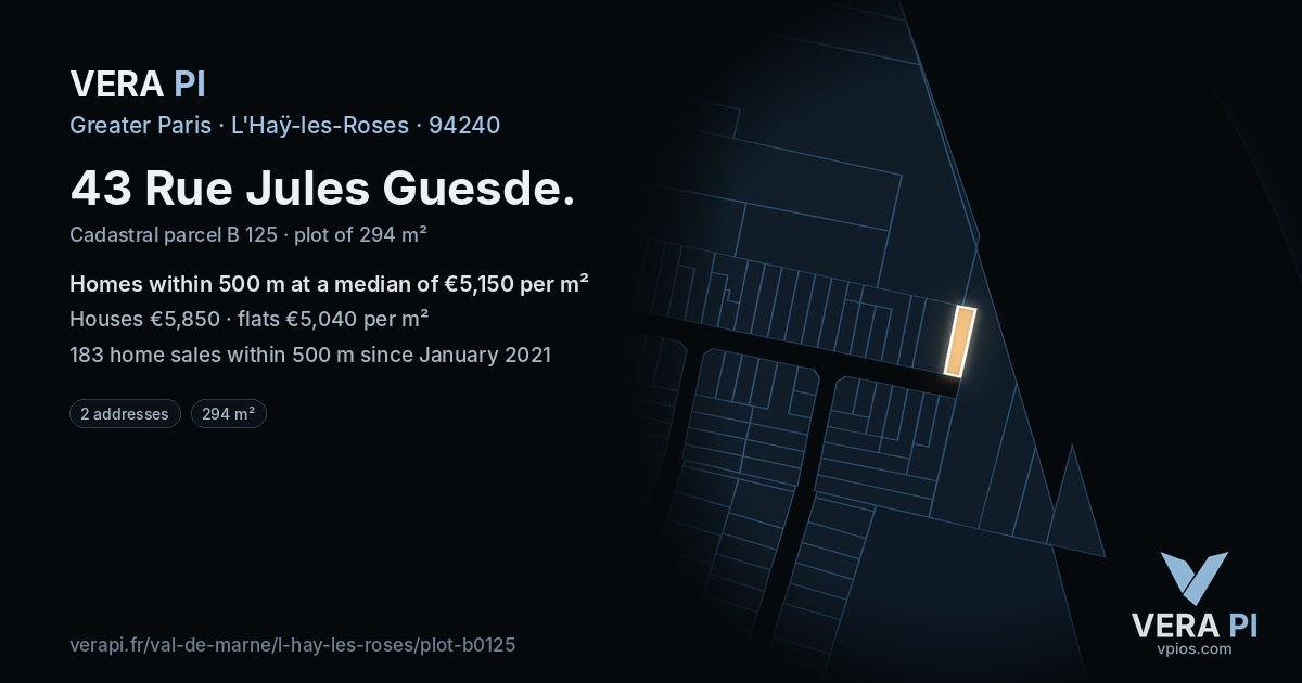 43 Rue Jules Guesde, L'Haÿ-les-Roses at night – the plot lit, the parcels around coloured by the prices near them