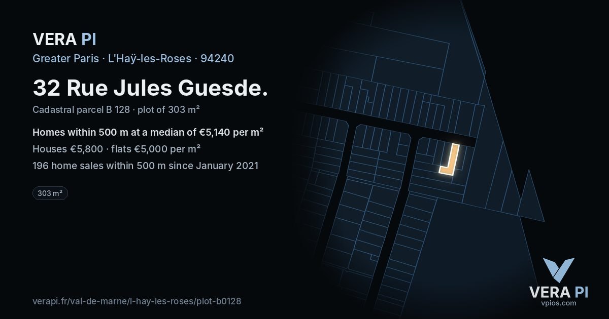 32 Rue Jules Guesde, L'Haÿ-les-Roses at night – the plot lit, the parcels around coloured by the prices near them