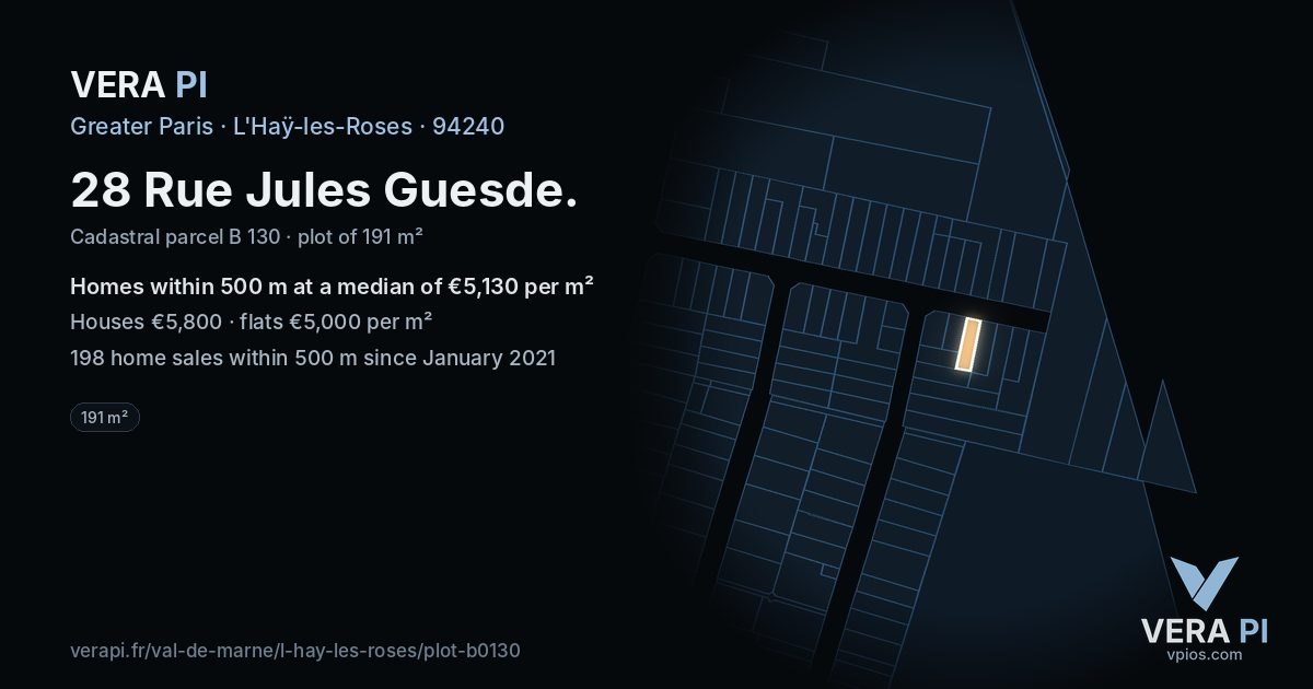28 Rue Jules Guesde, L'Haÿ-les-Roses at night – the plot lit, the parcels around coloured by the prices near them