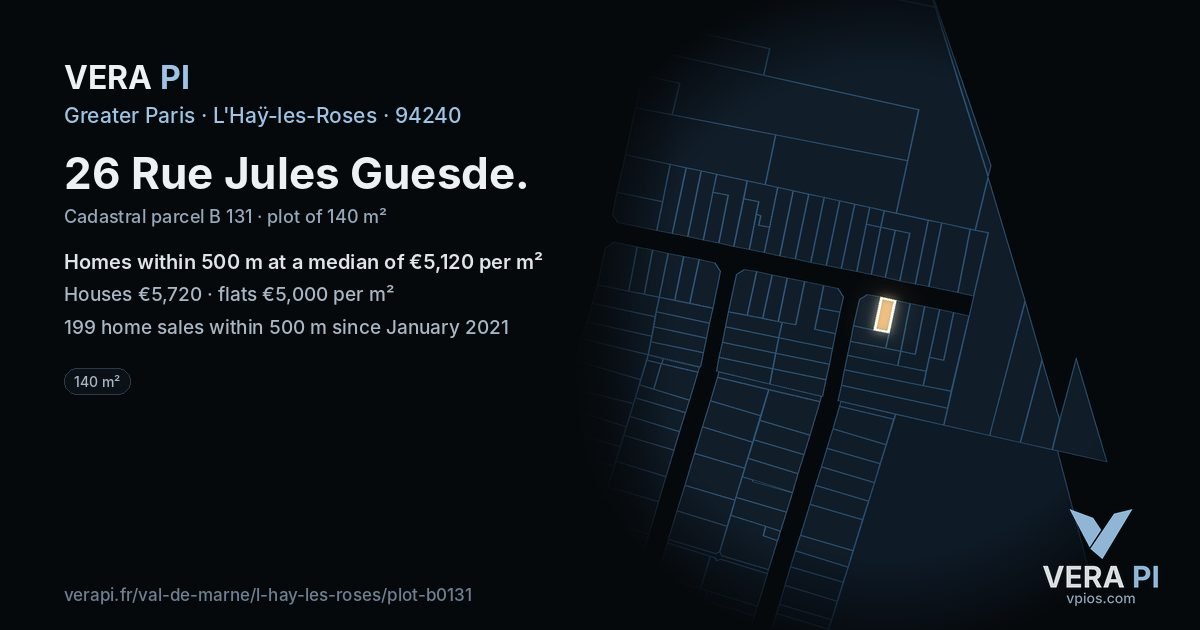 26 Rue Jules Guesde, L'Haÿ-les-Roses at night – the plot lit, the parcels around coloured by the prices near them
