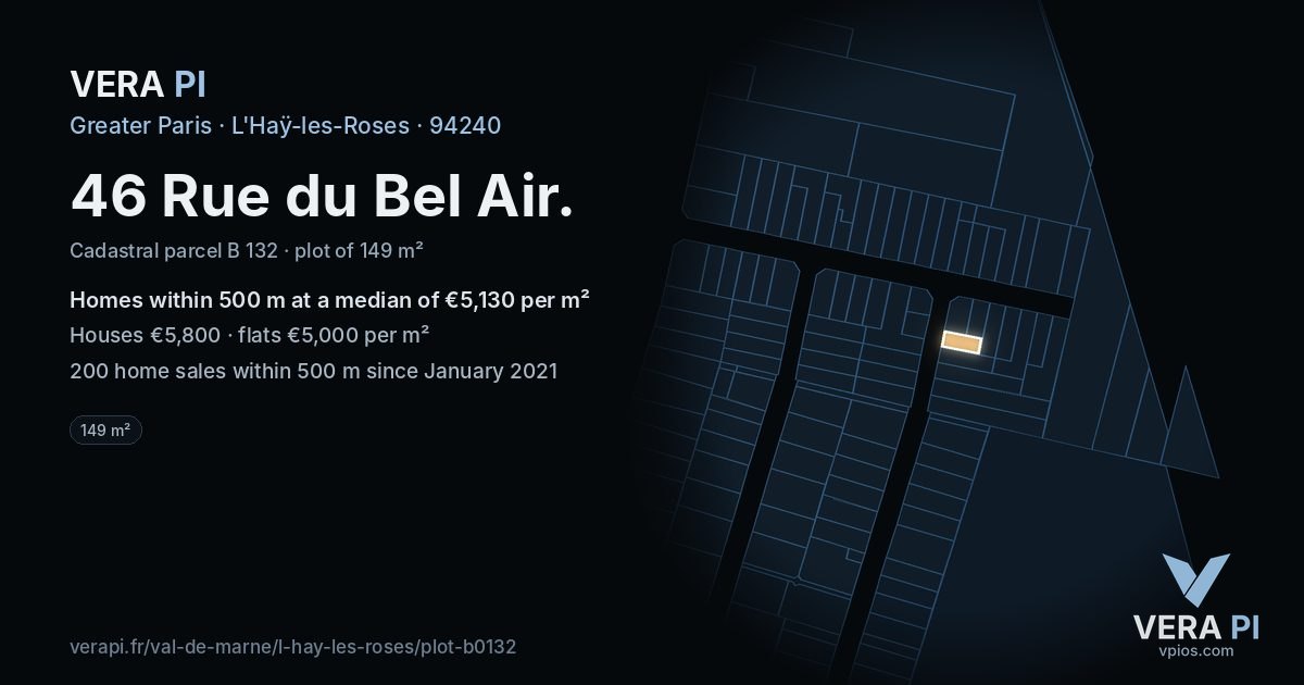 46 Rue du Bel Air, L'Haÿ-les-Roses at night – the plot lit, the parcels around coloured by the prices near them