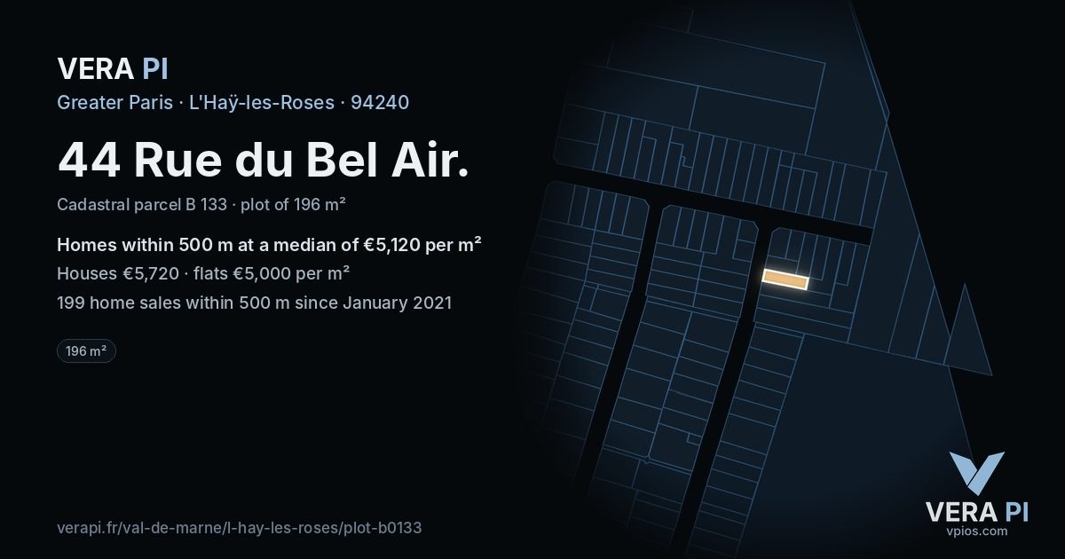 44 Rue du Bel Air, L'Haÿ-les-Roses at night – the plot lit, the parcels around coloured by the prices near them