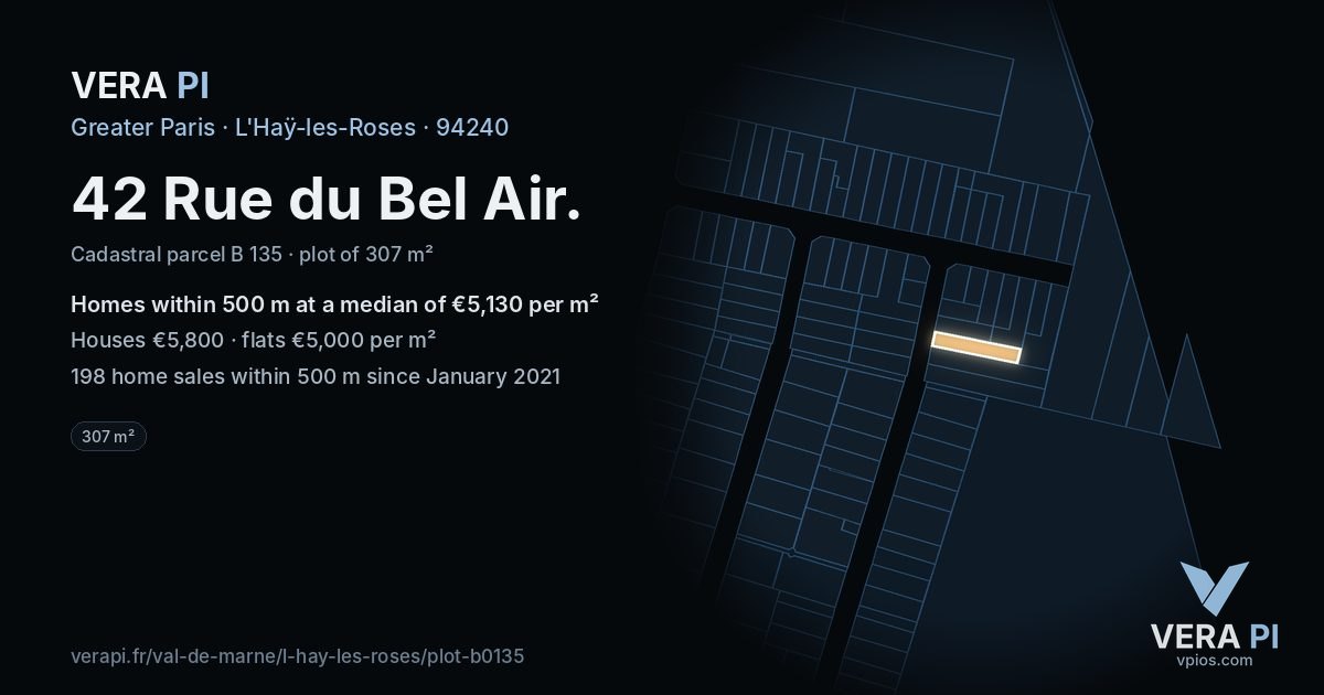 42 Rue du Bel Air, L'Haÿ-les-Roses at night – the plot lit, the parcels around coloured by the prices near them