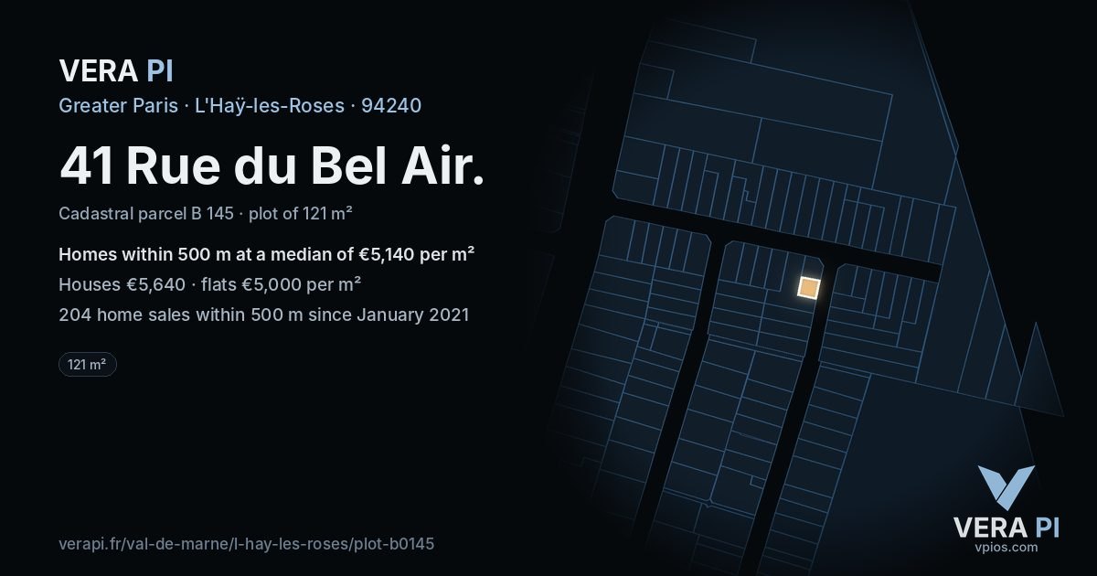 41 Rue du Bel Air, L'Haÿ-les-Roses at night – the plot lit, the parcels around coloured by the prices near them