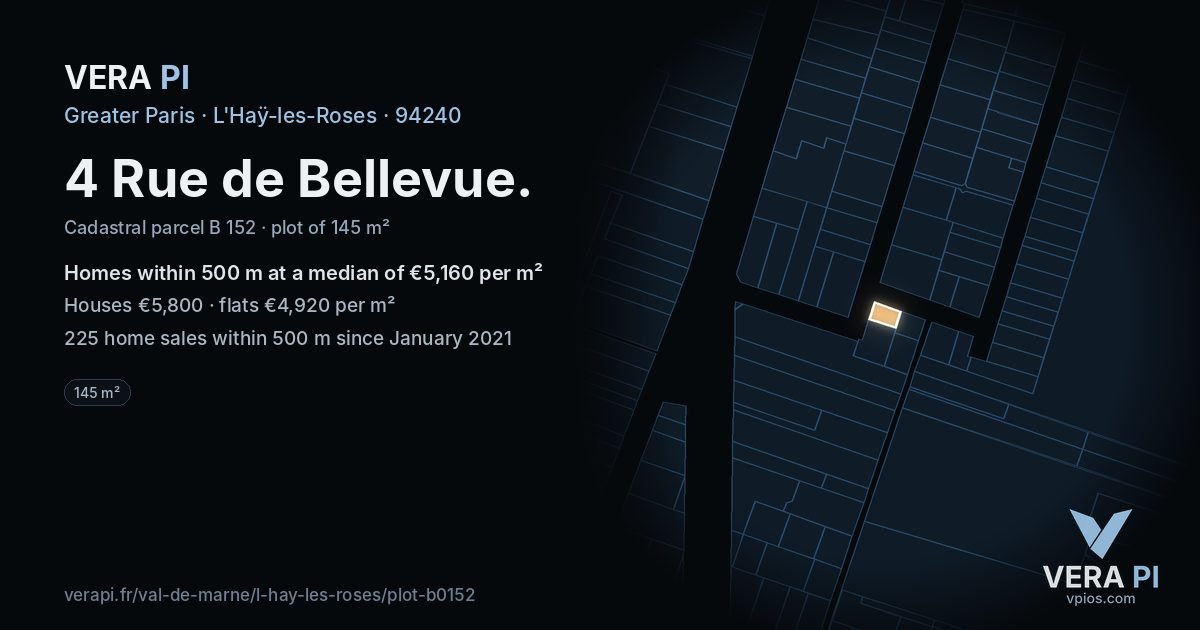 4 Rue de Bellevue, L'Haÿ-les-Roses at night – the plot lit, the parcels around coloured by the prices near them