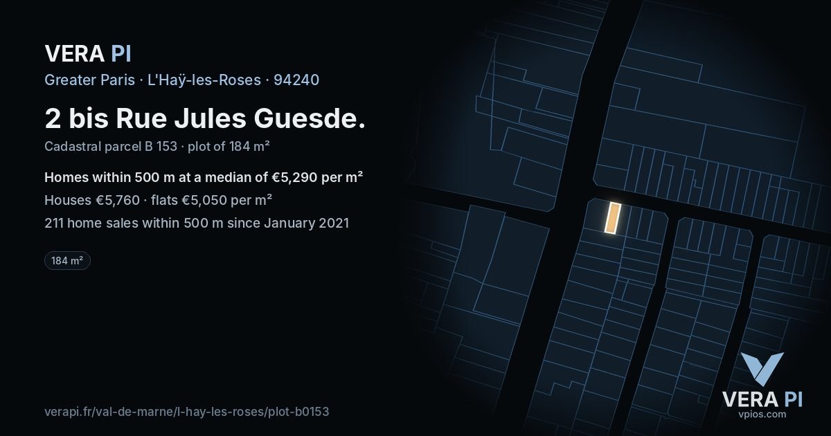 2 bis Rue Jules Guesde, L'Haÿ-les-Roses at night – the plot lit, the parcels around coloured by the prices near them