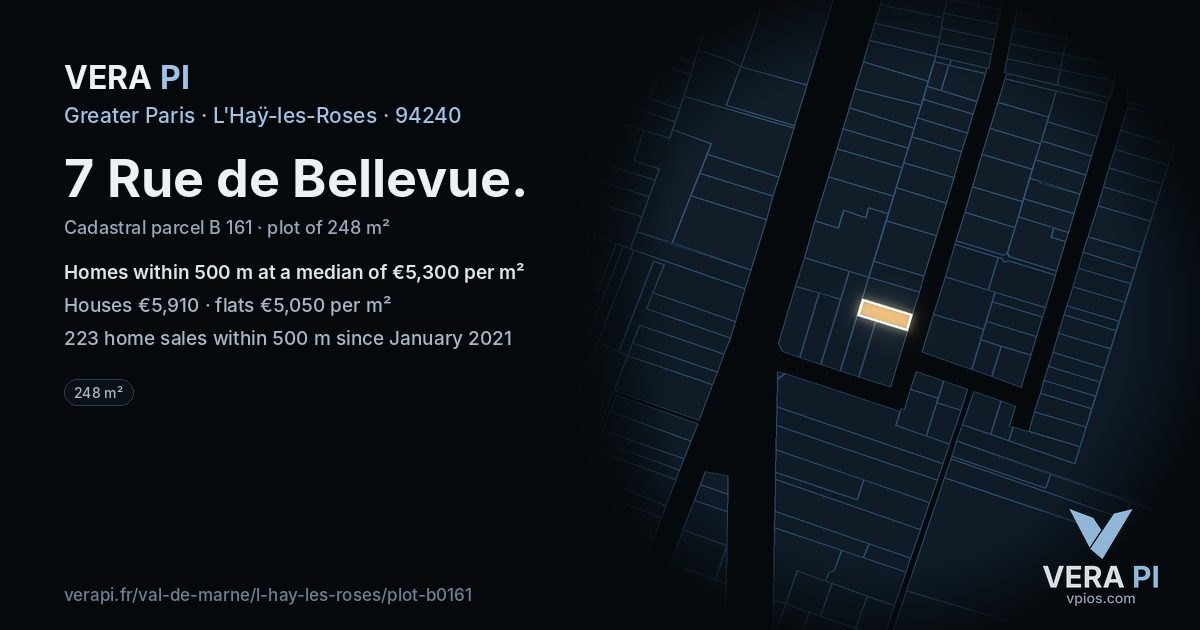 7 Rue de Bellevue, L'Haÿ-les-Roses at night – the plot lit, the parcels around coloured by the prices near them