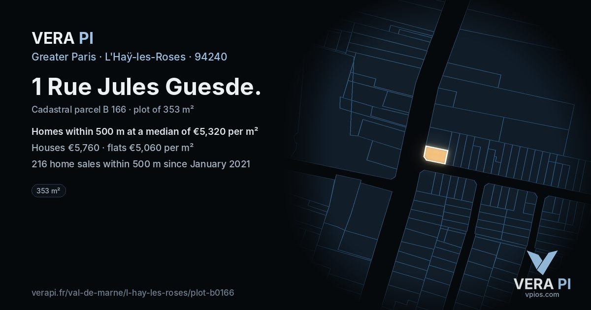 1 Rue Jules Guesde, L'Haÿ-les-Roses at night – the plot lit, the parcels around coloured by the prices near them