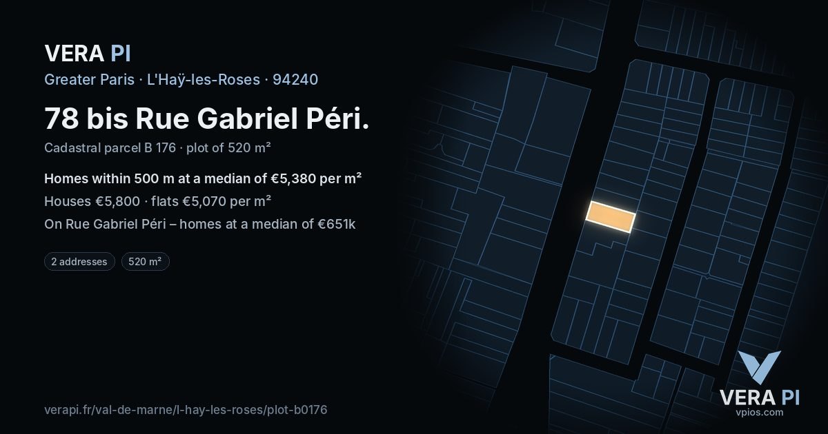 78 bis Rue Gabriel Péri, L'Haÿ-les-Roses at night – the plot lit, the parcels around coloured by the prices near them