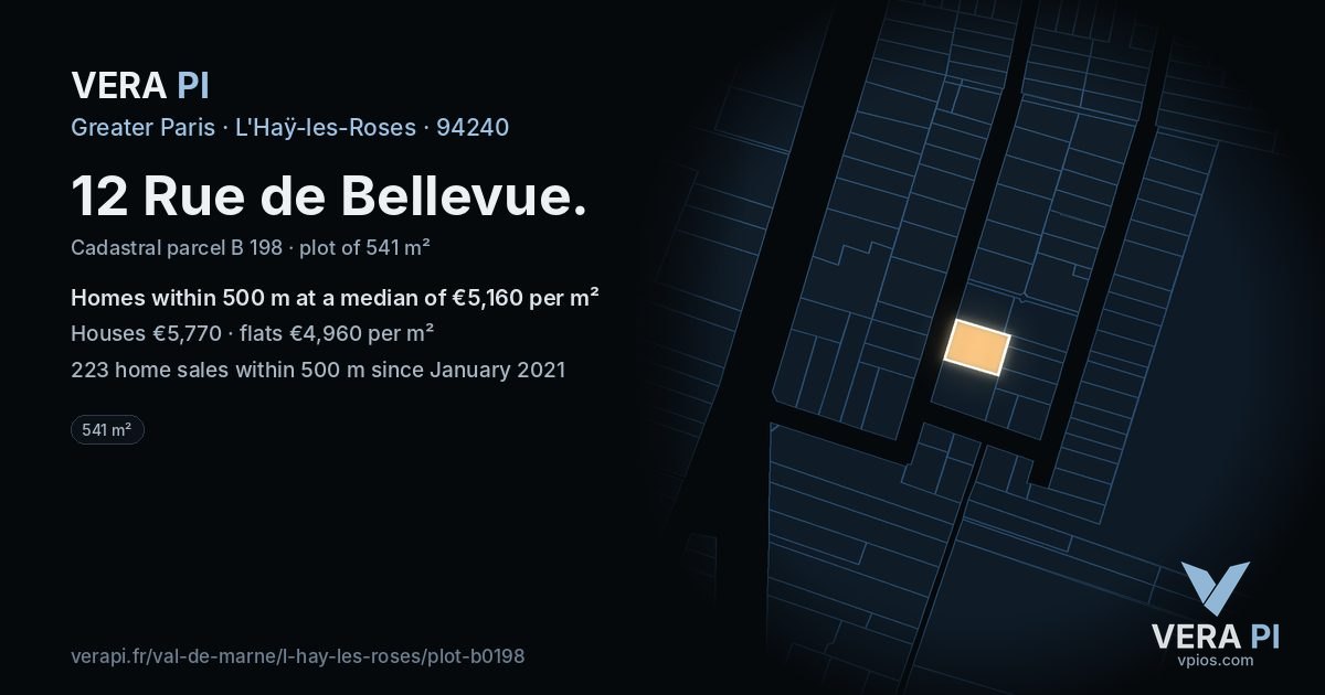 12 Rue de Bellevue, L'Haÿ-les-Roses at night – the plot lit, the parcels around coloured by the prices near them