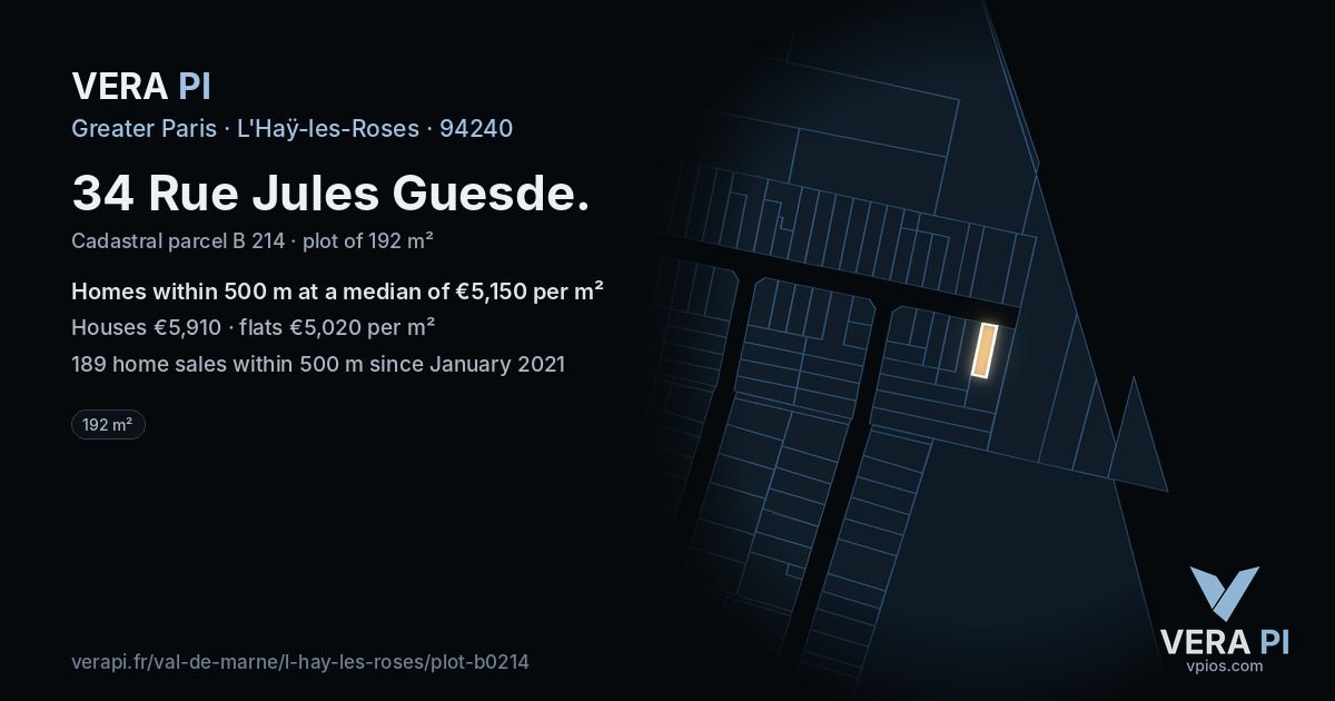 34 Rue Jules Guesde, L'Haÿ-les-Roses at night – the plot lit, the parcels around coloured by the prices near them
