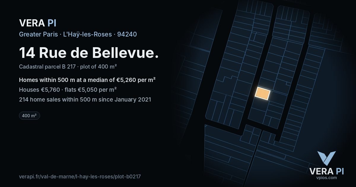 14 Rue de Bellevue, L'Haÿ-les-Roses at night – the plot lit, the parcels around coloured by the prices near them