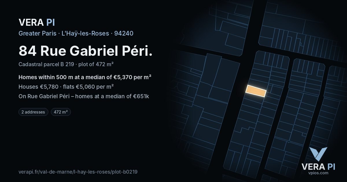 84 Rue Gabriel Péri, L'Haÿ-les-Roses at night – the plot lit, the parcels around coloured by the prices near them