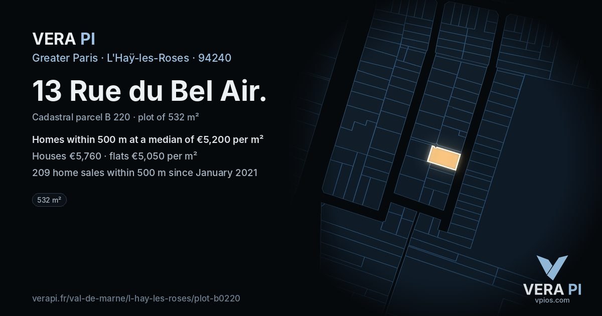 13 Rue du Bel Air, L'Haÿ-les-Roses at night – the plot lit, the parcels around coloured by the prices near them